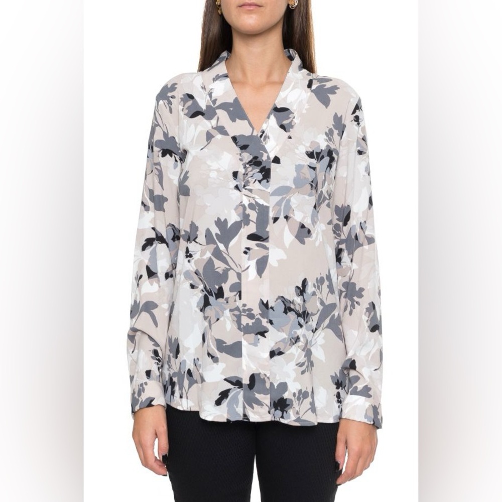 Calvin Klein Floral Cream Light Pink Gray Black White Long Sleeve Blouse